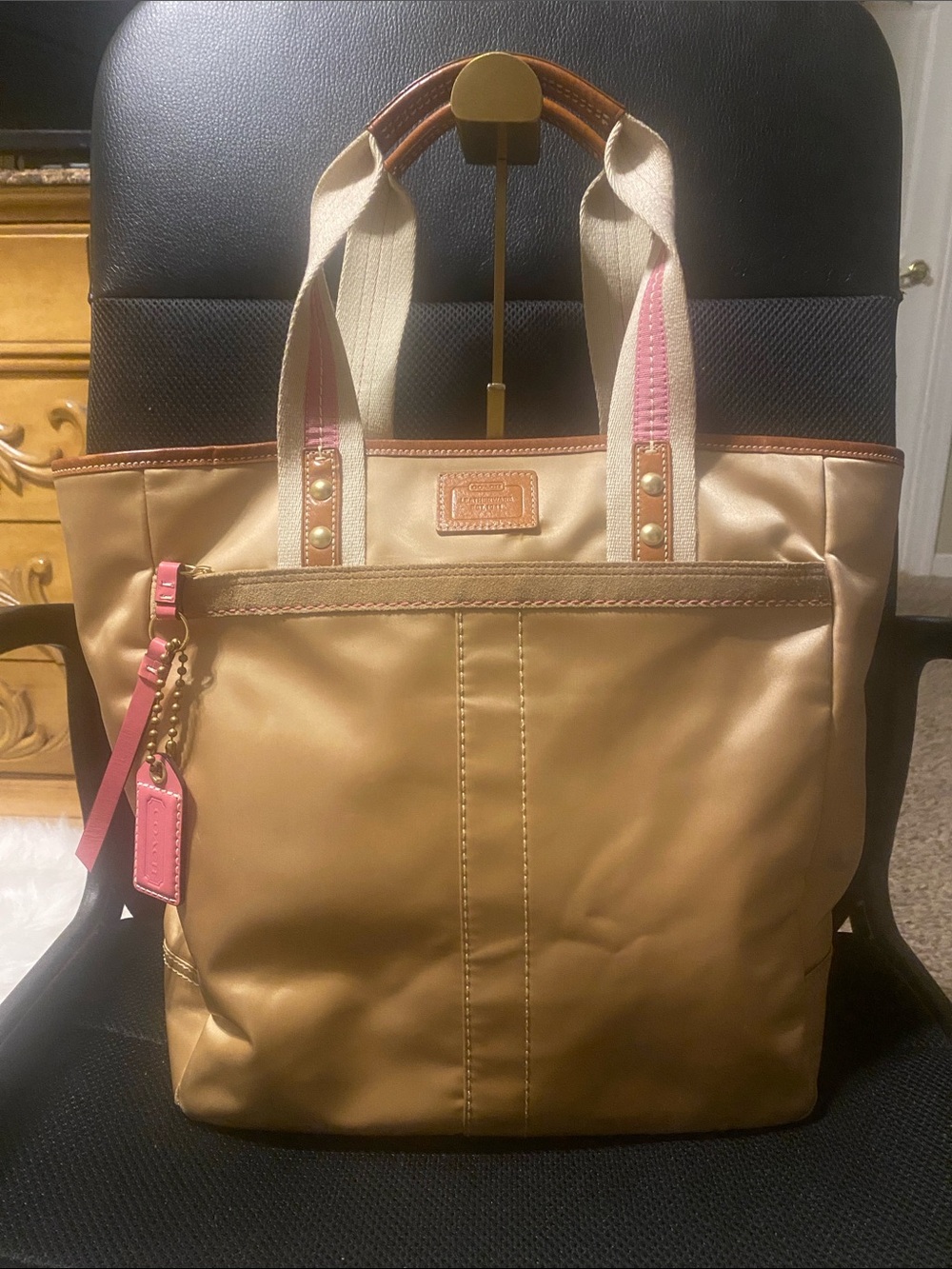 Dooney & Bourke Tan Tote with Pink Trim